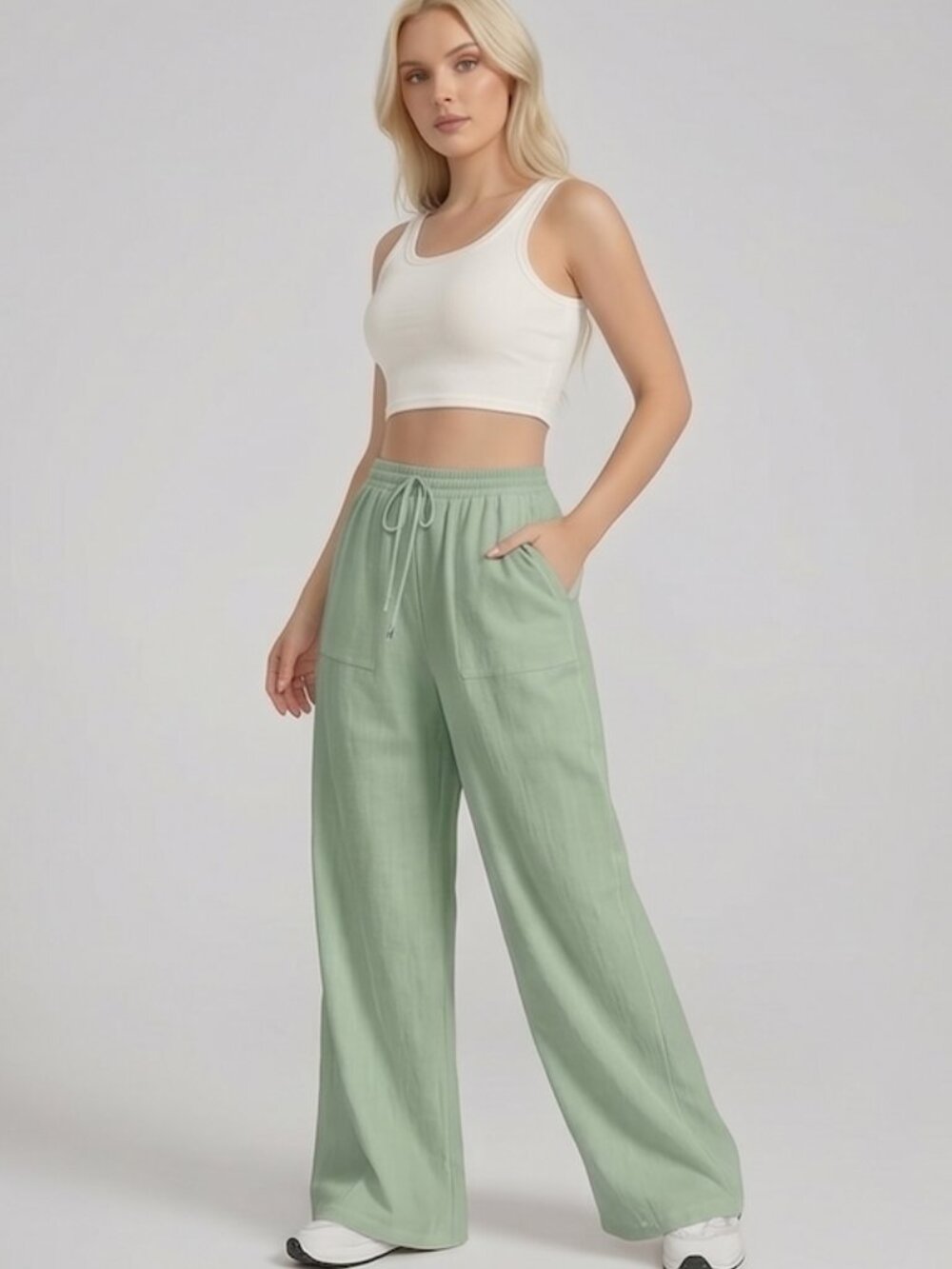 100% Cotton Drawstring Waist Wide Leg Pants Mint Green - Picture 3 of 5